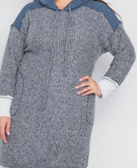 1X Charcoal Knit Hooded Soft Sweater Dress - Picture 4 of 5